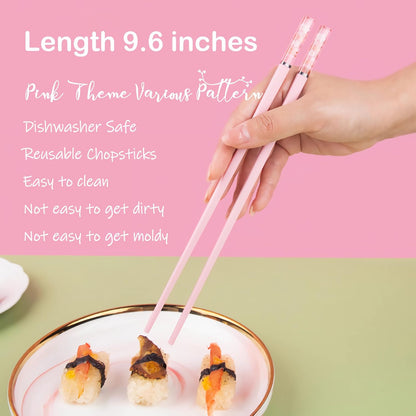 5 Pairs Pink Fiberglass Chopsticks Japanese Korean Chopstick Reusable Non-Slip Dishwasher Safe, 9.6 Inches Long, 5 Patterns