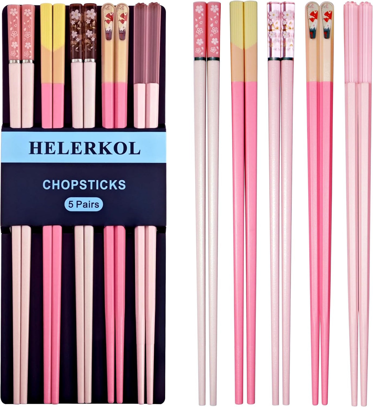 5 Pairs Pink Fiberglass Chopsticks Japanese Korean Chopstick Reusable Non-Slip Dishwasher Safe, 9.6 Inches Long, 5 Patterns