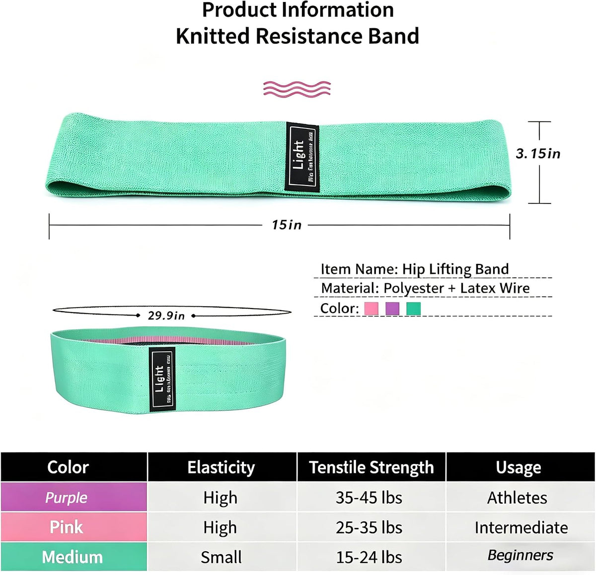 Yoga Stretch Bands Fitness Resistance Bands Set of 3 Lightweight Medium Triple Resistance Green Pink Purple for Sports Workout