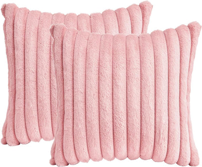Throw Pillow Covers Decorative Faux Fur Set of 2 20x20 Inch Pillow Covers, Soft Pink Striped Pillowcases for Couch Sofa Bed Living Room, Fluffy Cute Home Boho Accent Fuzzy Decor