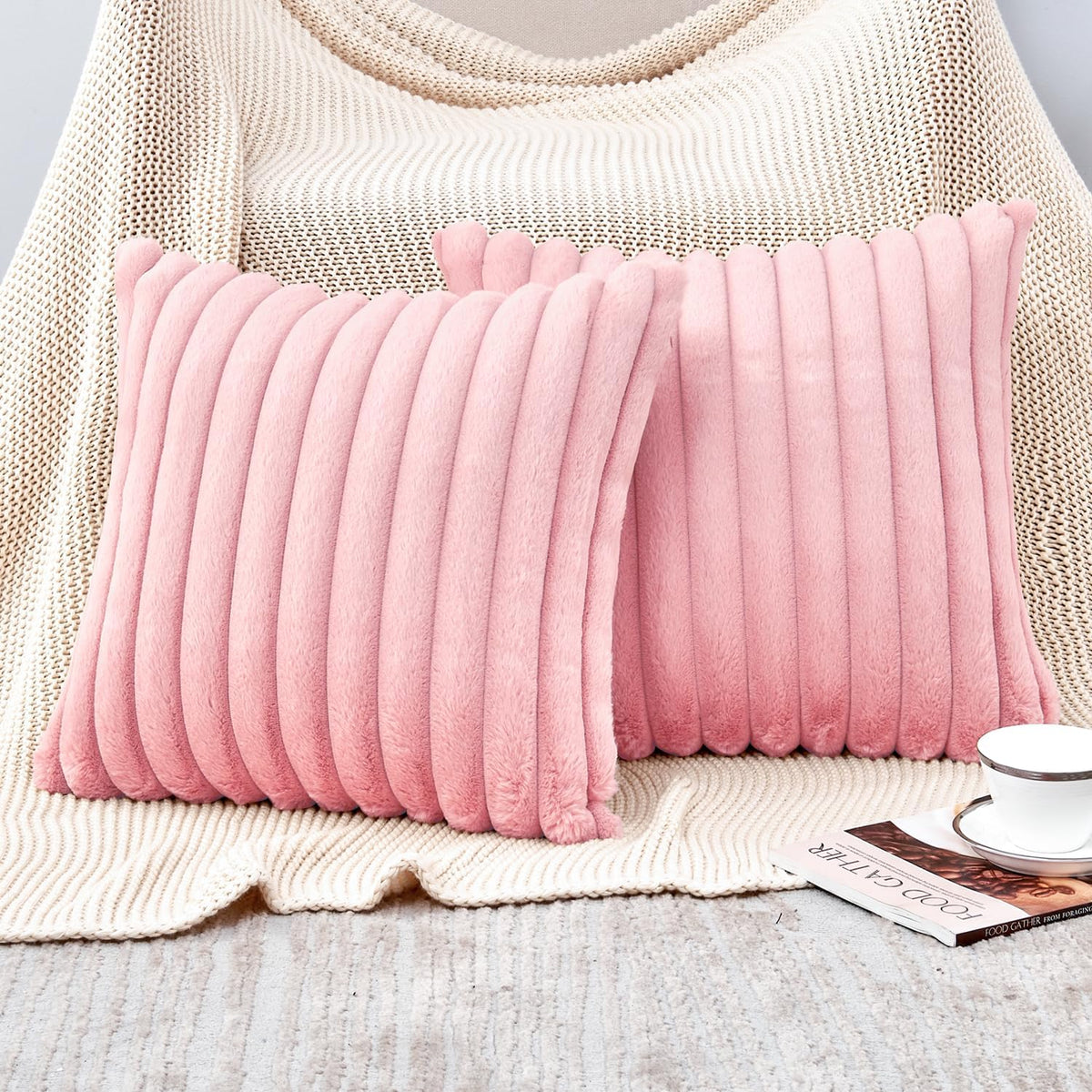 Throw Pillow Covers Decorative Faux Fur Set of 2 20x20 Inch Pillow Covers, Soft Pink Striped Pillowcases for Couch Sofa Bed Living Room, Fluffy Cute Home Boho Accent Fuzzy Decor
