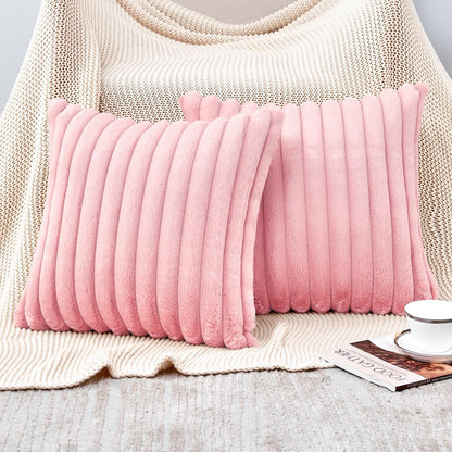 Throw Pillow Covers Decorative Faux Fur Set of 2 20x20 Inch Pillow Covers, Soft Pink Striped Pillowcases for Couch Sofa Bed Living Room, Fluffy Cute Home Boho Accent Fuzzy Decor