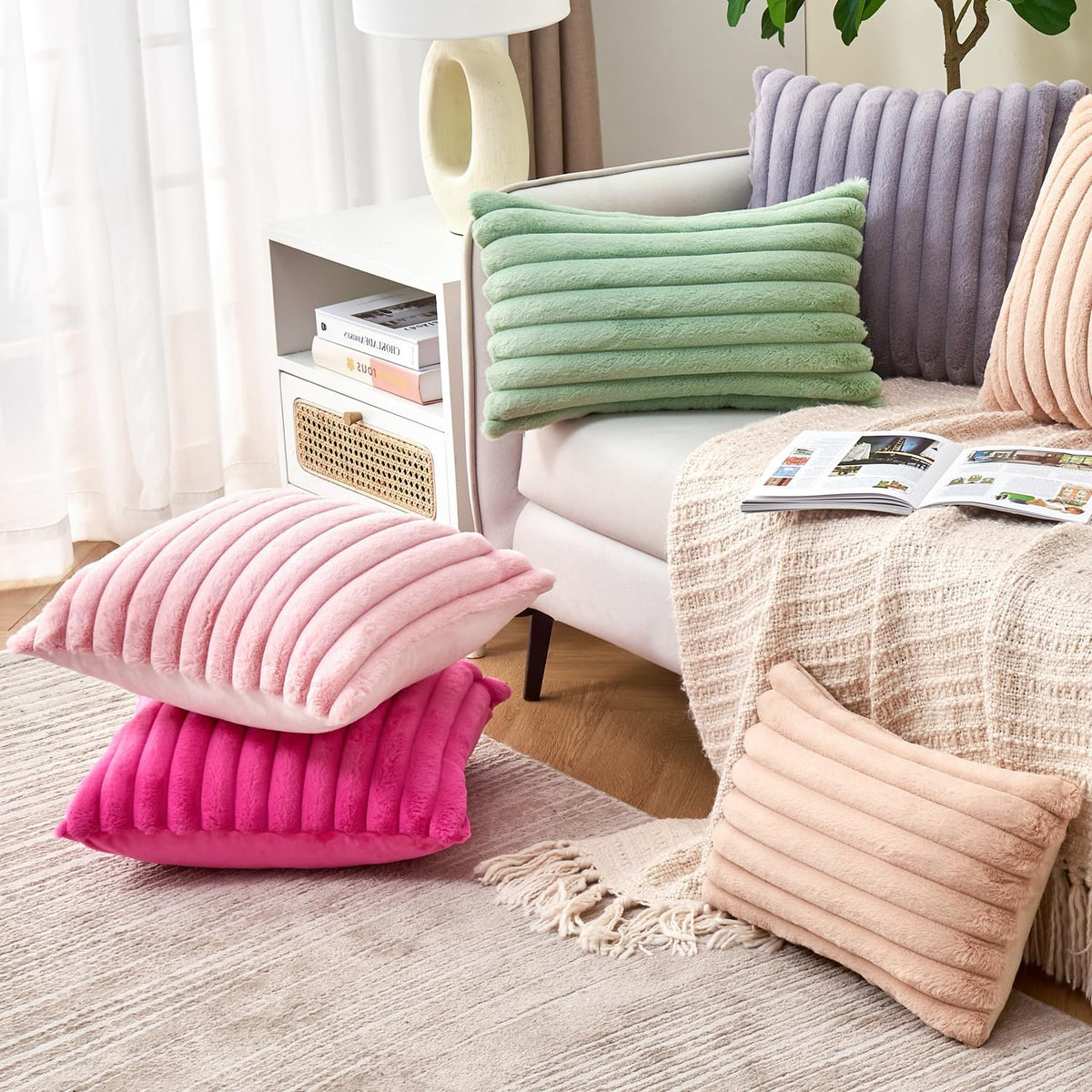 Throw Pillow Covers Decorative Faux Fur Set of 2 20x20 Inch Pillow Covers, Soft Pink Striped Pillowcases for Couch Sofa Bed Living Room, Fluffy Cute Home Boho Accent Fuzzy Decor