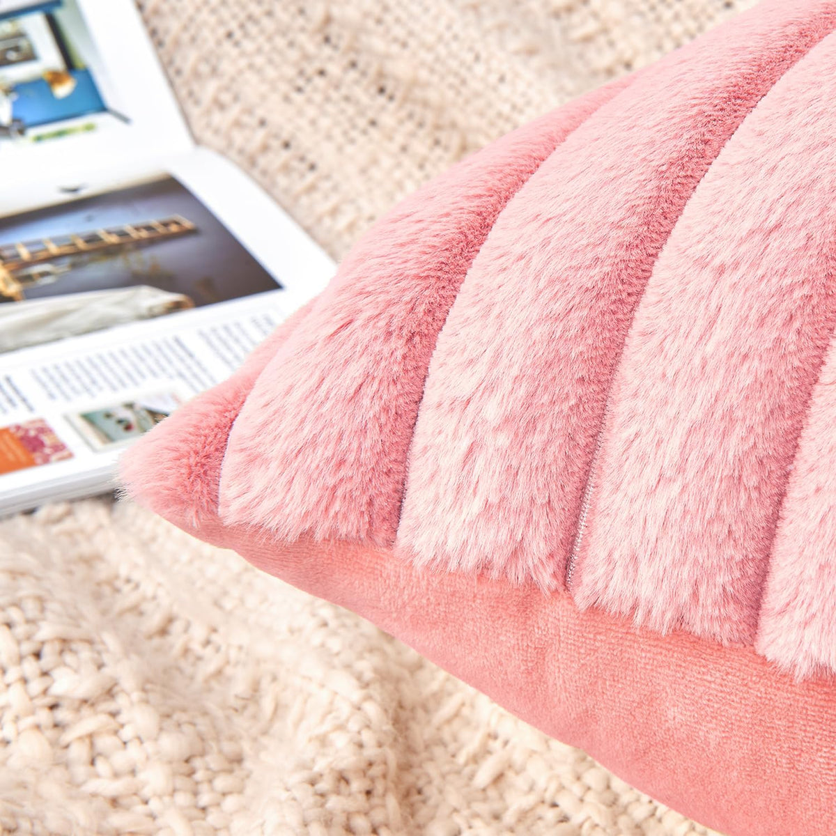 Throw Pillow Covers Decorative Faux Fur Set of 2 20x20 Inch Pillow Covers, Soft Pink Striped Pillowcases for Couch Sofa Bed Living Room, Fluffy Cute Home Boho Accent Fuzzy Decor