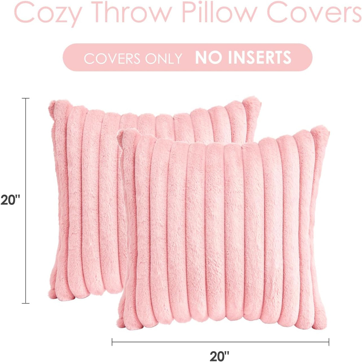 Throw Pillow Covers Decorative Faux Fur Set of 2 20x20 Inch Pillow Covers, Soft Pink Striped Pillowcases for Couch Sofa Bed Living Room, Fluffy Cute Home Boho Accent Fuzzy Decor