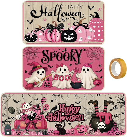 3 Pcs Pink Halloween Kitchen Rug and Mat, Ghost Non Slip Floor Mat