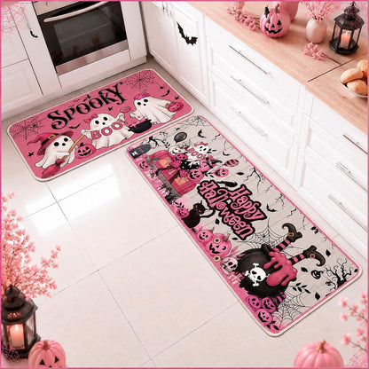 3 Pcs Pink Halloween Kitchen Rug and Mat, Ghost Non Slip Floor Mat