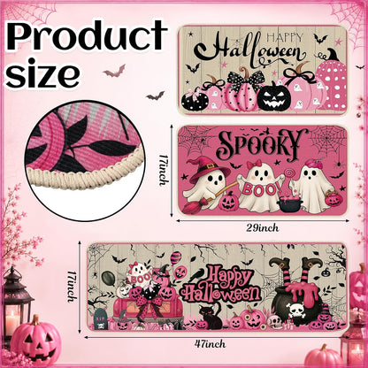 3 Pcs Pink Halloween Kitchen Rug and Mat, Ghost Non Slip Floor Mat
