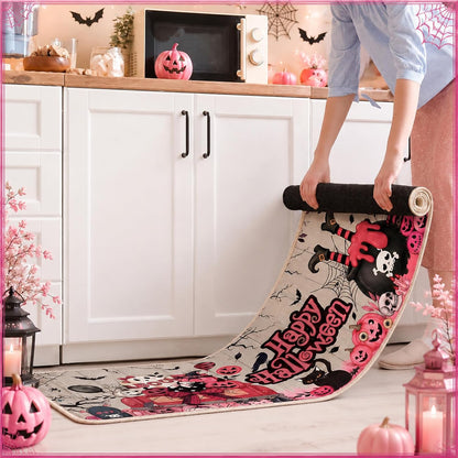 3 Pcs Pink Halloween Kitchen Rug and Mat, Ghost Non Slip Floor Mat