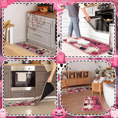 3 Pcs Pink Halloween Kitchen Rug and Mat, Ghost Non Slip Floor Mat