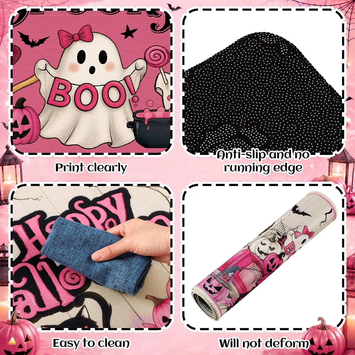 3 Pcs Pink Halloween Kitchen Rug and Mat, Ghost Non Slip Floor Mat