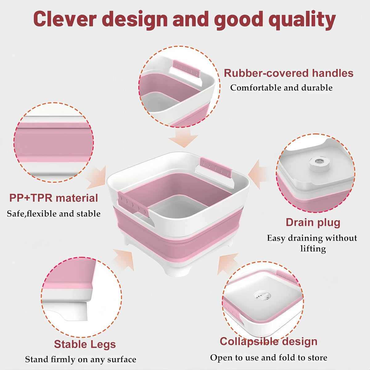 2.4 Gal Collapsbile Wash Basin with Drian Plug,9L Dish Pan for Soaking Baby Bottles,Portable Sink, Multiuse Foldable Bucket,Ice Beverage Tubs for Camping, Vegetable Washing, RV (Pink)