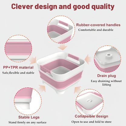 2.4 Gal Collapsbile Wash Basin with Drian Plug,9L Dish Pan for Soaking Baby Bottles,Portable Sink, Multiuse Foldable Bucket,Ice Beverage Tubs for Camping, Vegetable Washing, RV (Pink)