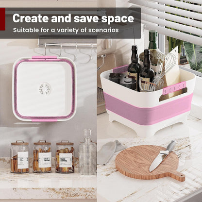2.4 Gal Collapsbile Wash Basin with Drian Plug,9L Dish Pan for Soaking Baby Bottles,Portable Sink, Multiuse Foldable Bucket,Ice Beverage Tubs for Camping, Vegetable Washing, RV (Pink)