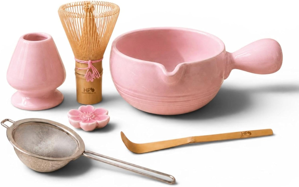 Patented Matcha Bowl Set with Handle & Spout - Spill-Free Pouring | Complete Matcha Set for Beginners | Includes Bamboo Whisk, Scoop & Stand (Pink Blossom - Soft Pink)