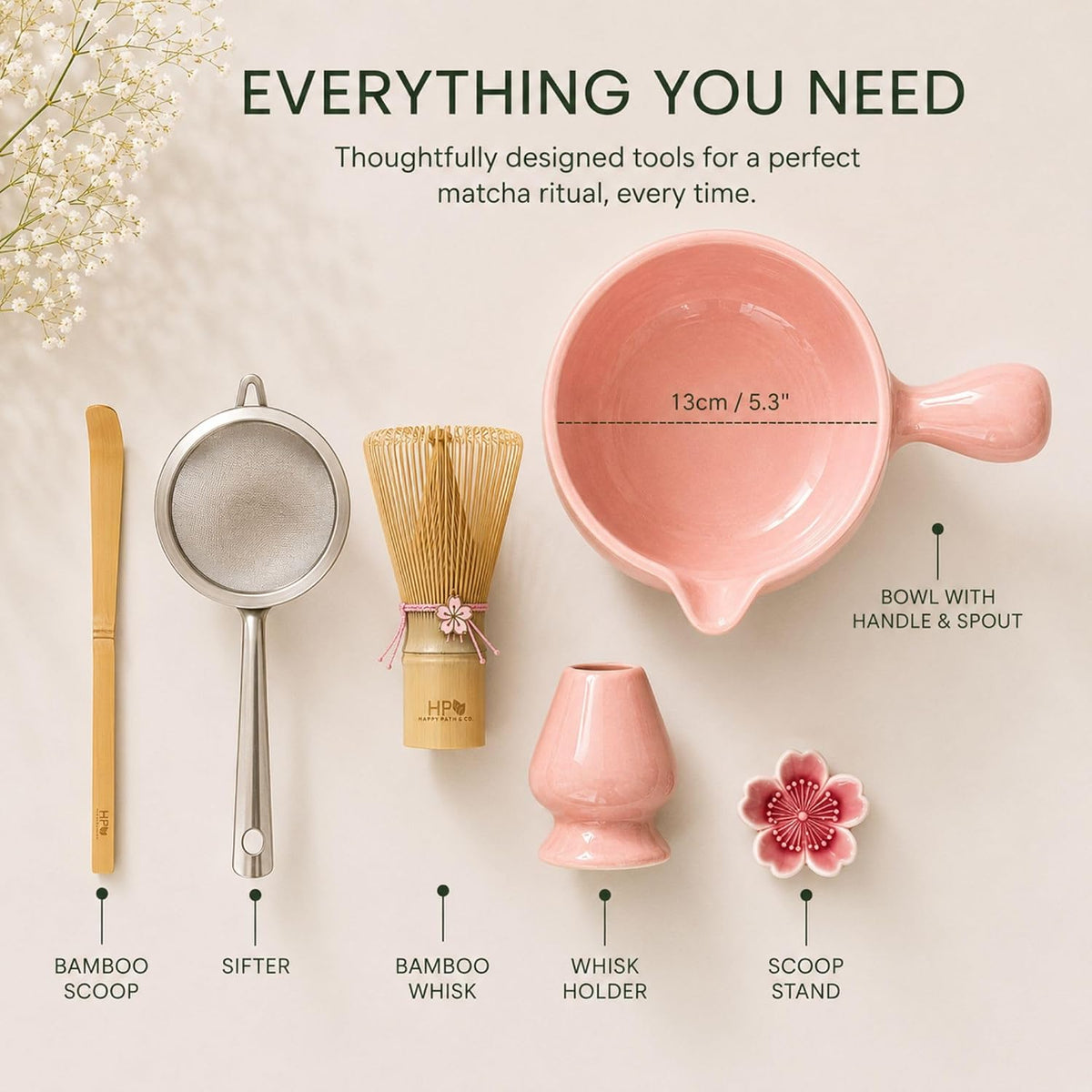 Patented Matcha Bowl Set with Handle & Spout - Spill-Free Pouring | Complete Matcha Set for Beginners | Includes Bamboo Whisk, Scoop & Stand (Pink Blossom - Soft Pink)