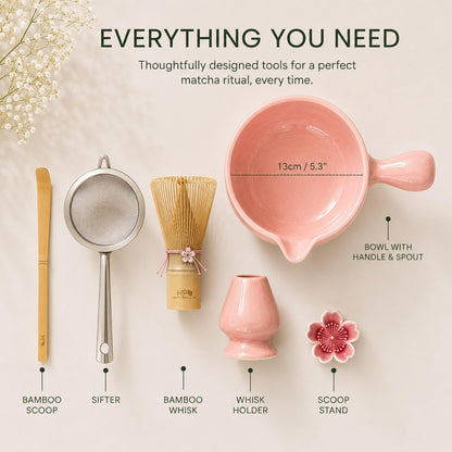 Patented Matcha Bowl Set with Handle & Spout - Spill-Free Pouring | Complete Matcha Set for Beginners | Includes Bamboo Whisk, Scoop & Stand (Pink Blossom - Soft Pink)