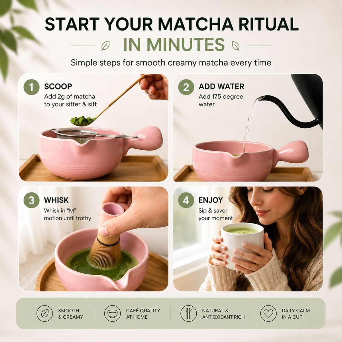 Patented Matcha Bowl Set with Handle & Spout - Spill-Free Pouring | Complete Matcha Set for Beginners | Includes Bamboo Whisk, Scoop & Stand (Pink Blossom - Soft Pink)