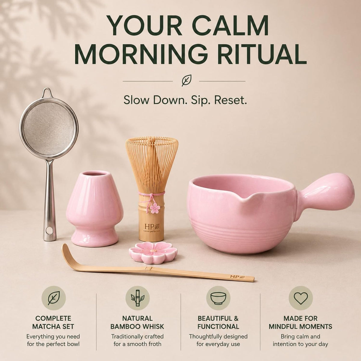 Patented Matcha Bowl Set with Handle & Spout - Spill-Free Pouring | Complete Matcha Set for Beginners | Includes Bamboo Whisk, Scoop & Stand (Pink Blossom - Soft Pink)