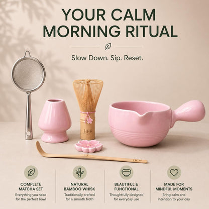 Patented Matcha Bowl Set with Handle & Spout - Spill-Free Pouring | Complete Matcha Set for Beginners | Includes Bamboo Whisk, Scoop & Stand (Pink Blossom - Soft Pink)