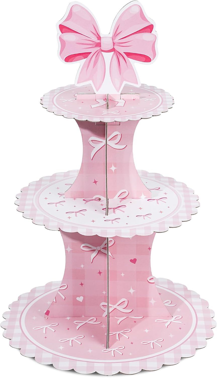 Keluna Pink Bow Party Decorations - Reusable Conquette Birthday Decorations Party Supplies Pink Bow 3 Tier Cupcake Stand Conquette Party Decor for Birthday Decor Baby Shower Gender Reveal