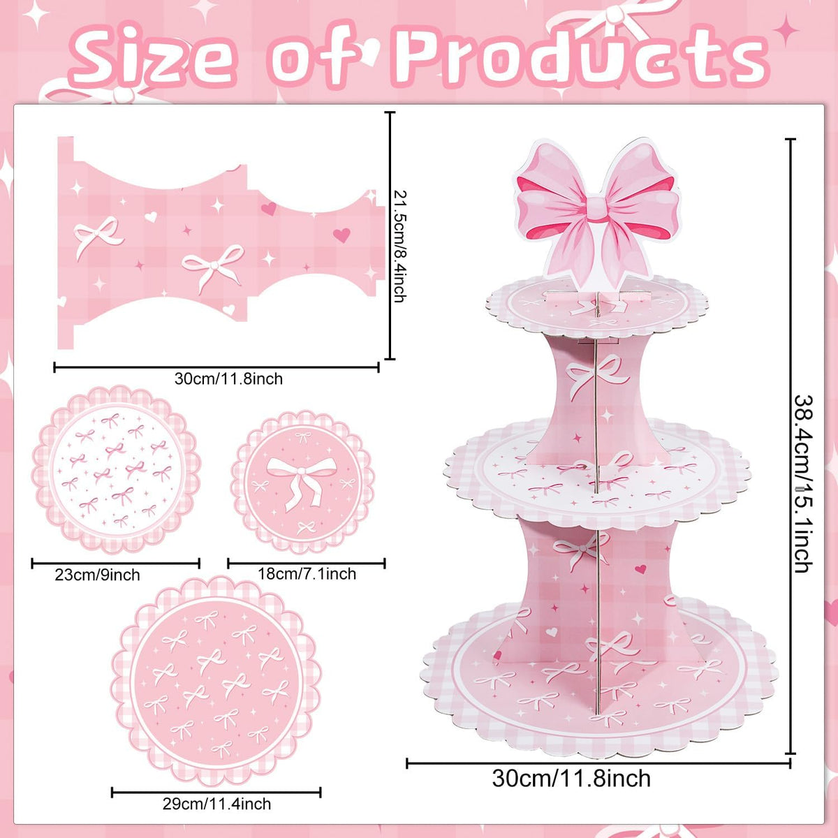 Keluna Pink Bow Party Decorations - Reusable Conquette Birthday Decorations Party Supplies Pink Bow 3 Tier Cupcake Stand Conquette Party Decor for Birthday Decor Baby Shower Gender Reveal