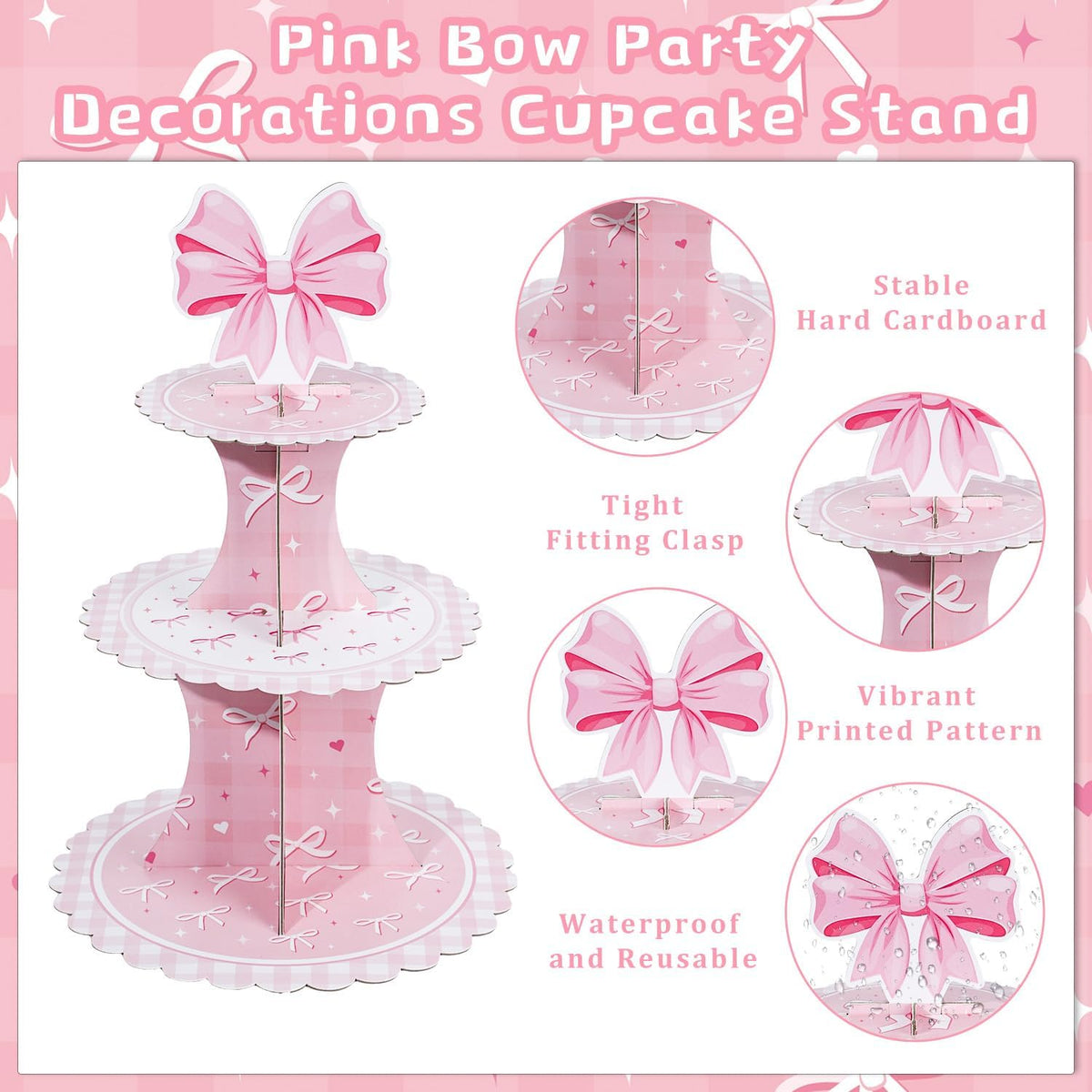 Keluna Pink Bow Party Decorations - Reusable Conquette Birthday Decorations Party Supplies Pink Bow 3 Tier Cupcake Stand Conquette Party Decor for Birthday Decor Baby Shower Gender Reveal