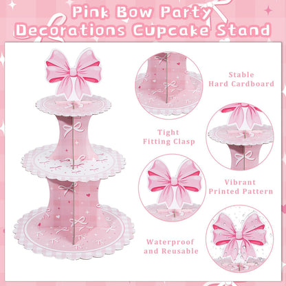 Keluna Pink Bow Party Decorations - Reusable Conquette Birthday Decorations Party Supplies Pink Bow 3 Tier Cupcake Stand Conquette Party Decor for Birthday Decor Baby Shower Gender Reveal