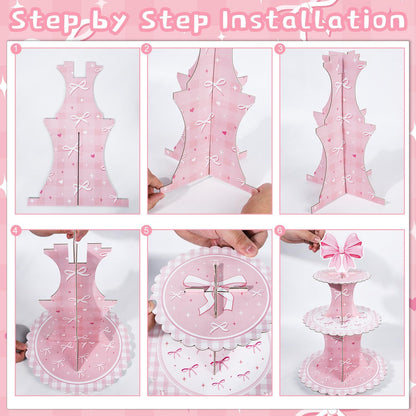 Keluna Pink Bow Party Decorations - Reusable Conquette Birthday Decorations Party Supplies Pink Bow 3 Tier Cupcake Stand Conquette Party Decor for Birthday Decor Baby Shower Gender Reveal