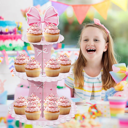 Keluna Pink Bow Party Decorations - Reusable Conquette Birthday Decorations Party Supplies Pink Bow 3 Tier Cupcake Stand Conquette Party Decor for Birthday Decor Baby Shower Gender Reveal