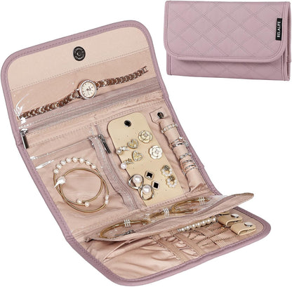 Travel Jewelry Case, Jewelry Organizer Roll for Accessories | Bag with foldable roll design for earrings, necklaces, rings, bracelets and brooches, Peach Pink