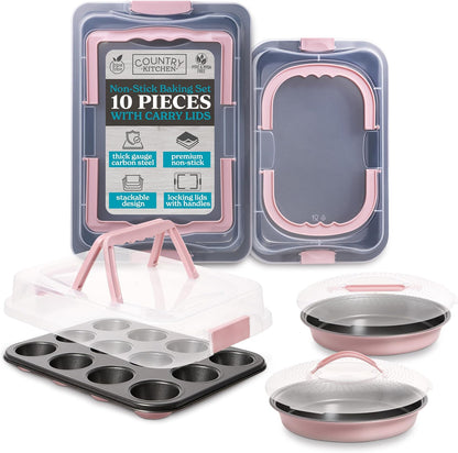 Baking Pans Set - 10 Piece Non-Stick Cake Pans with Carry Lids for Easy Storage & Travel, Perfect for Parties - Stackable, Pink