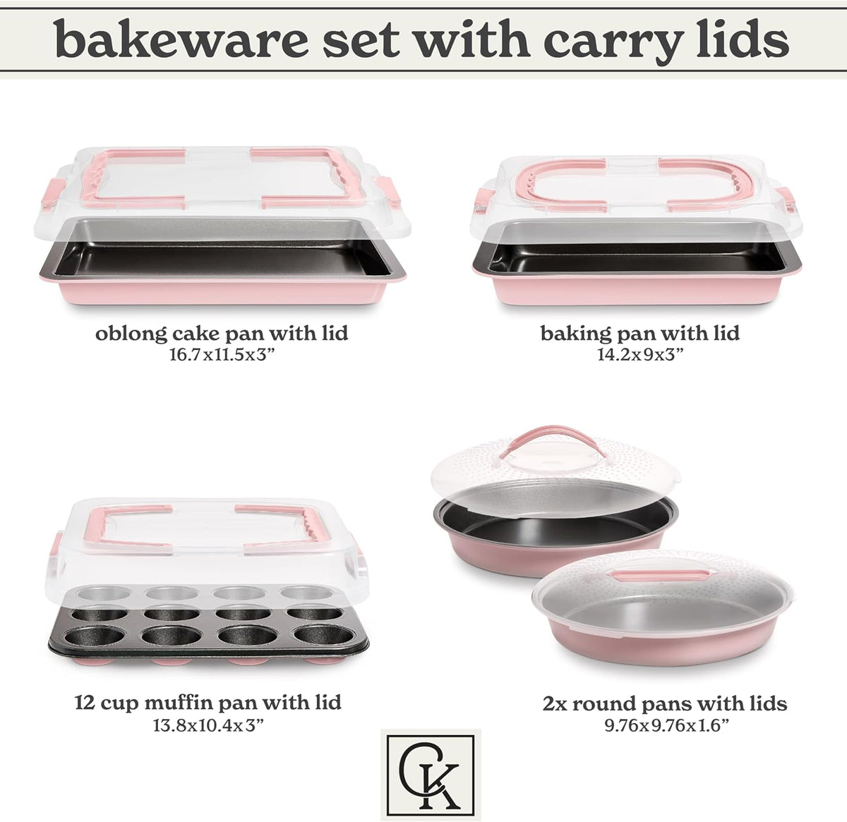 Baking Pans Set - 10 Piece Non-Stick Cake Pans with Carry Lids for Easy Storage & Travel, Perfect for Parties - Stackable, Pink