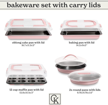 Baking Pans Set - 10 Piece Non-Stick Cake Pans with Carry Lids for Easy Storage & Travel, Perfect for Parties - Stackable, Pink