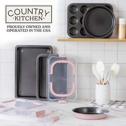 Baking Pans Set - 10 Piece Non-Stick Cake Pans with Carry Lids for Easy Storage & Travel, Perfect for Parties - Stackable, Pink