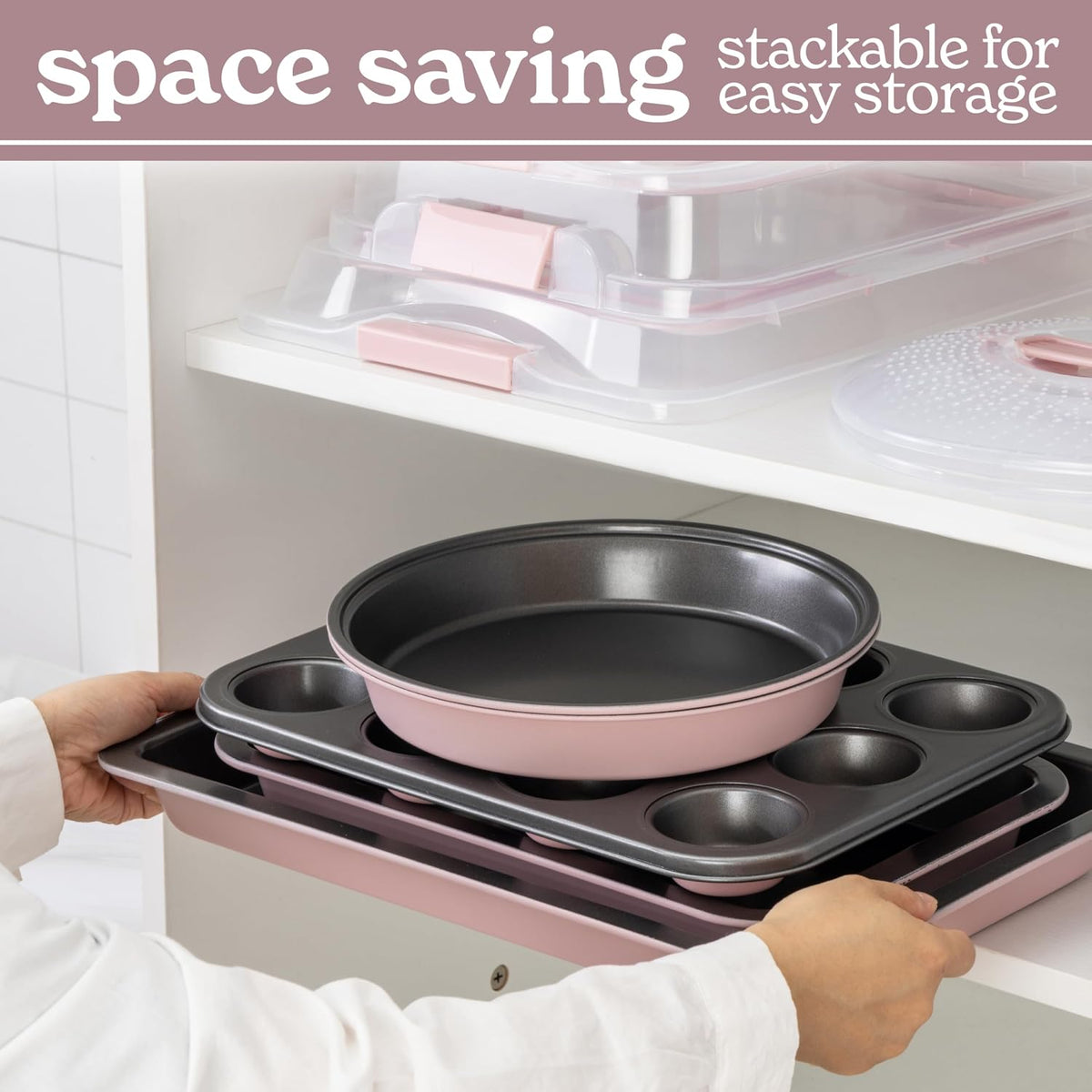 Baking Pans Set - 10 Piece Non-Stick Cake Pans with Carry Lids for Easy Storage & Travel, Perfect for Parties - Stackable, Pink