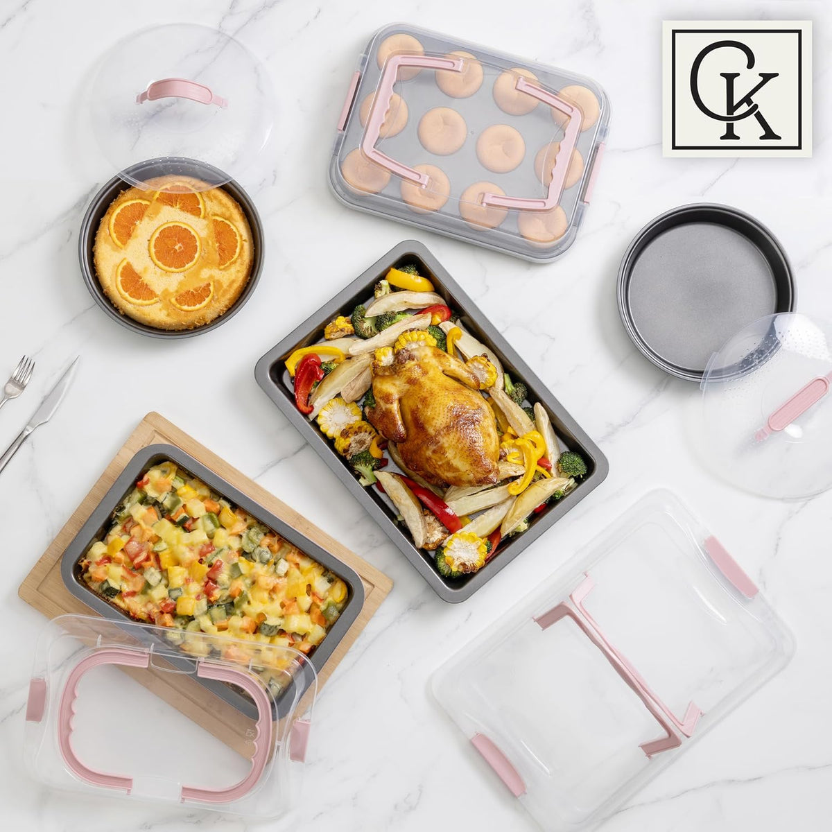 Baking Pans Set - 10 Piece Non-Stick Cake Pans with Carry Lids for Easy Storage & Travel, Perfect for Parties - Stackable, Pink