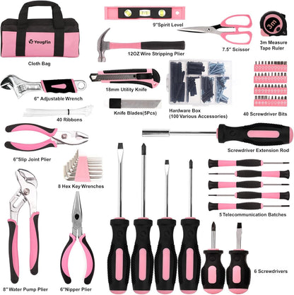 215-Piece Pink Home Tool Kit with Storage Bag for DIY
