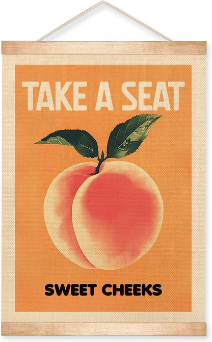 Take a Seat Sweet Cheeks Wall Art Decor,18.5x14Inch Peach Canvas Print Art Poster,Humor Amusing Toilet Wall Hanging Decor for Bathroom,Funny Gift for Friends (Orange-peach)