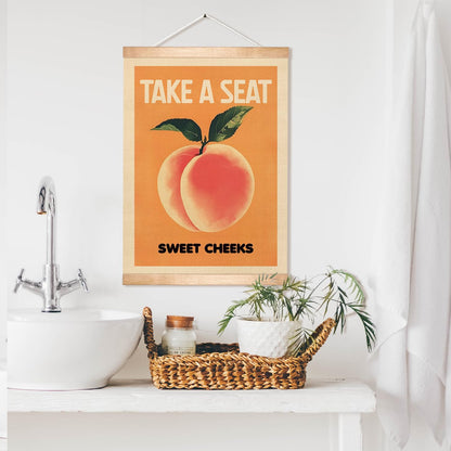 Take a Seat Sweet Cheeks Wall Art Decor,18.5x14Inch Peach Canvas Print Art Poster,Humor Amusing Toilet Wall Hanging Decor for Bathroom,Funny Gift for Friends (Orange-peach)