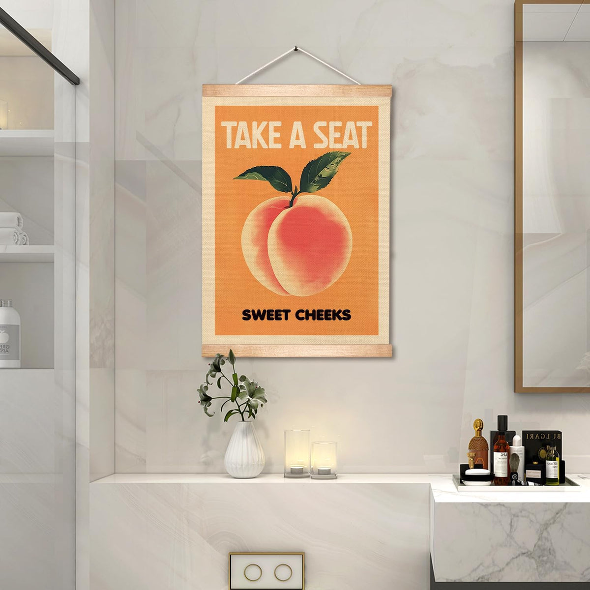 Take a Seat Sweet Cheeks Wall Art Decor,18.5x14Inch Peach Canvas Print Art Poster,Humor Amusing Toilet Wall Hanging Decor for Bathroom,Funny Gift for Friends (Orange-peach)