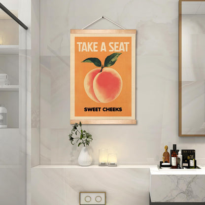 Take a Seat Sweet Cheeks Wall Art Decor,18.5x14Inch Peach Canvas Print Art Poster,Humor Amusing Toilet Wall Hanging Decor for Bathroom,Funny Gift for Friends (Orange-peach)