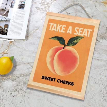 Take a Seat Sweet Cheeks Wall Art Decor,18.5x14Inch Peach Canvas Print Art Poster,Humor Amusing Toilet Wall Hanging Decor for Bathroom,Funny Gift for Friends (Orange-peach)