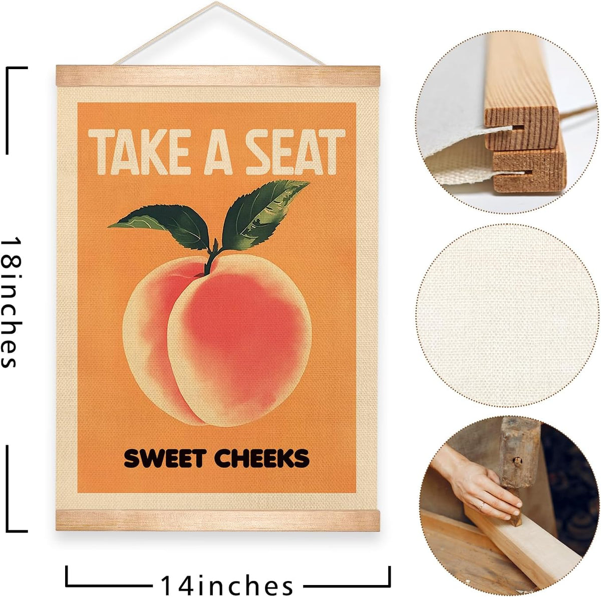 Take a Seat Sweet Cheeks Wall Art Decor,18.5x14Inch Peach Canvas Print Art Poster,Humor Amusing Toilet Wall Hanging Decor for Bathroom,Funny Gift for Friends (Orange-peach)
