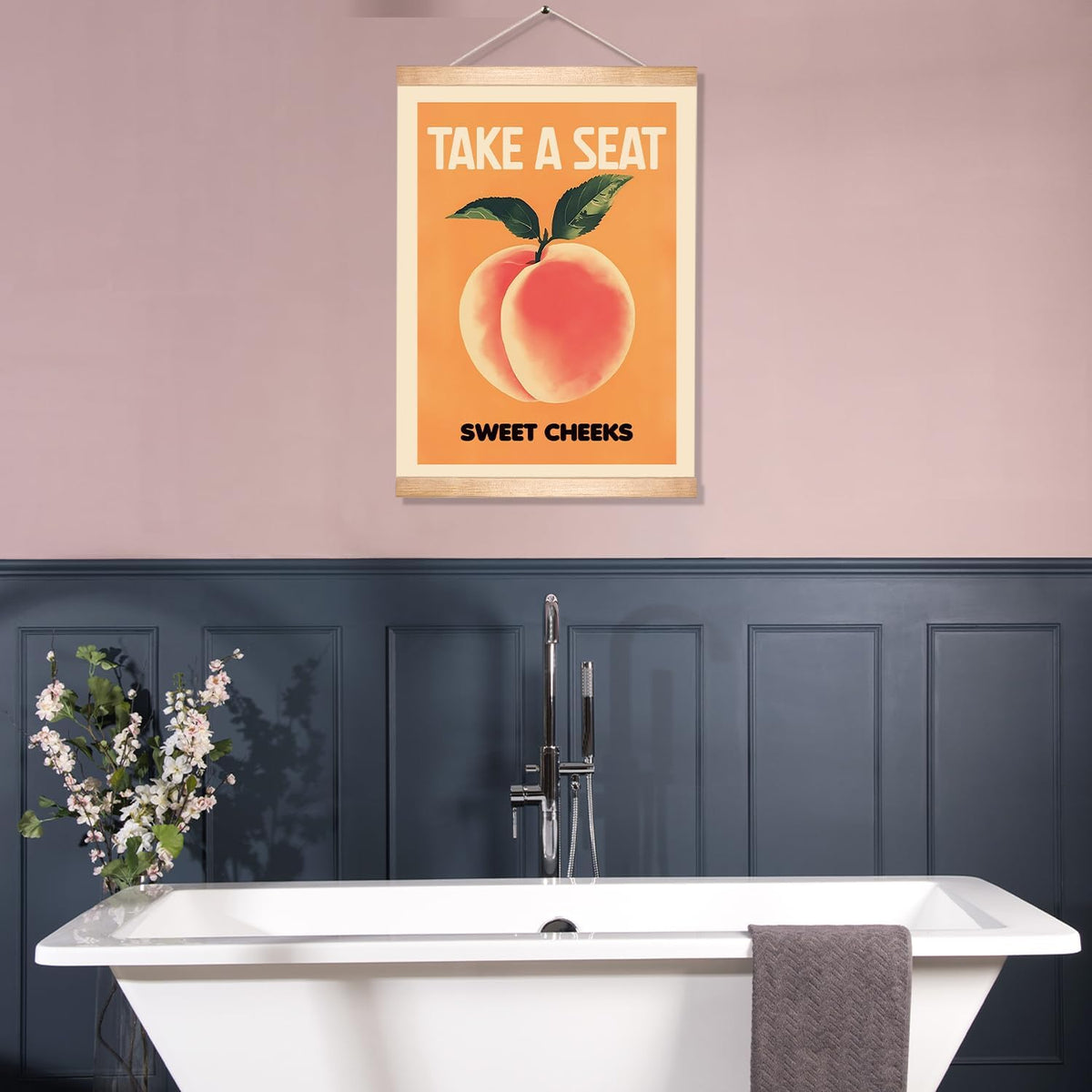 Take a Seat Sweet Cheeks Wall Art Decor,18.5x14Inch Peach Canvas Print Art Poster,Humor Amusing Toilet Wall Hanging Decor for Bathroom,Funny Gift for Friends (Orange-peach)