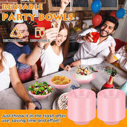 24 Pack 16oz Pink Disposable Plastic Bowls Dessert, Ice Cream, Salad, Soup Serving Cups for Party, Picnic, Food Snacks (Pink)