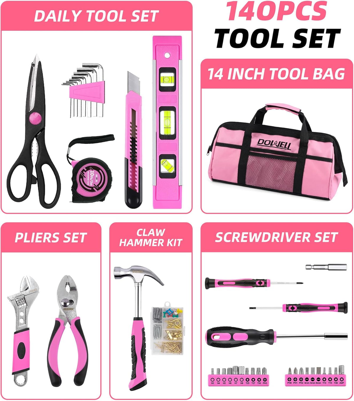 Pink Tool Kit 140PCS for Women, Girls, Ladies, Household Tool Set