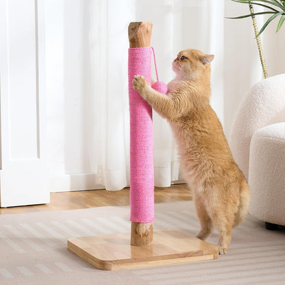 29" Tall Solid Wood Cat Scratching Post for Indoor Cats, Extra Stable Heavy Base, Natural Sisal Scratcher with Hanging Ball, Furniture Protector for Kittens & Adult Cats, Pink
