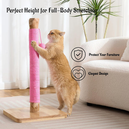 29" Tall Solid Wood Cat Scratching Post for Indoor Cats, Extra Stable Heavy Base, Natural Sisal Scratcher with Hanging Ball, Furniture Protector for Kittens & Adult Cats, Pink