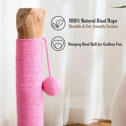 29" Tall Solid Wood Cat Scratching Post for Indoor Cats, Extra Stable Heavy Base, Natural Sisal Scratcher with Hanging Ball, Furniture Protector for Kittens & Adult Cats, Pink